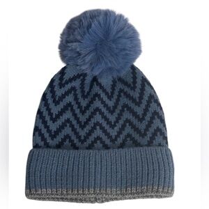 Soft Warm Style Knitted Chevron Print Beanie With Faux Fur Pom Pom
